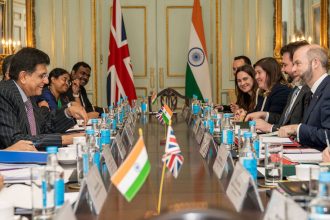 British Secretary of State for Business and Trade Jonathan Reynolds meets Indian Minister of Commerce and Industry Piyush Goyal for trade talks in London on April 28, 2025.