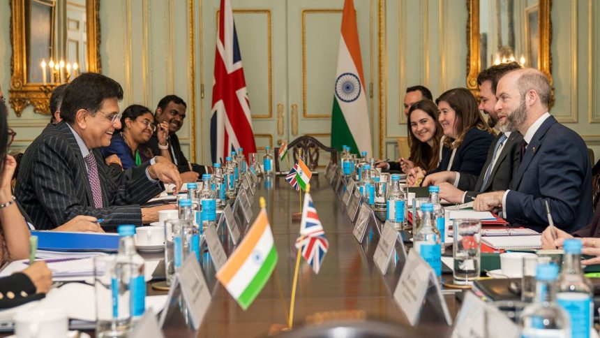 British Secretary of State for Business and Trade Jonathan Reynolds meets Indian Minister of Commerce and Industry Piyush Goyal for trade talks in London on April 28, 2025.