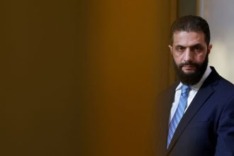 Syrian President Ahmad al-Sharaa attends a press conference at the Elysee Palace in Paris on May 7.