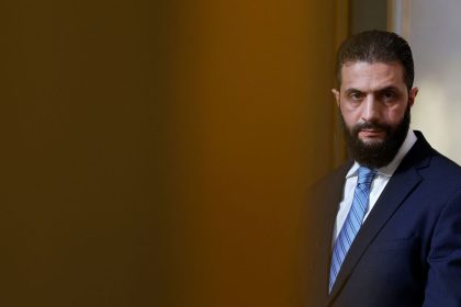 Syrian President Ahmad al-Sharaa attends a press conference at the Elysee Palace in Paris on May 7.