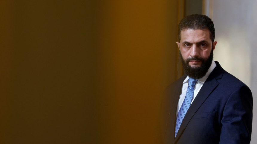 Syrian President Ahmad al-Sharaa attends a press conference at the Elysee Palace in Paris on May 7.