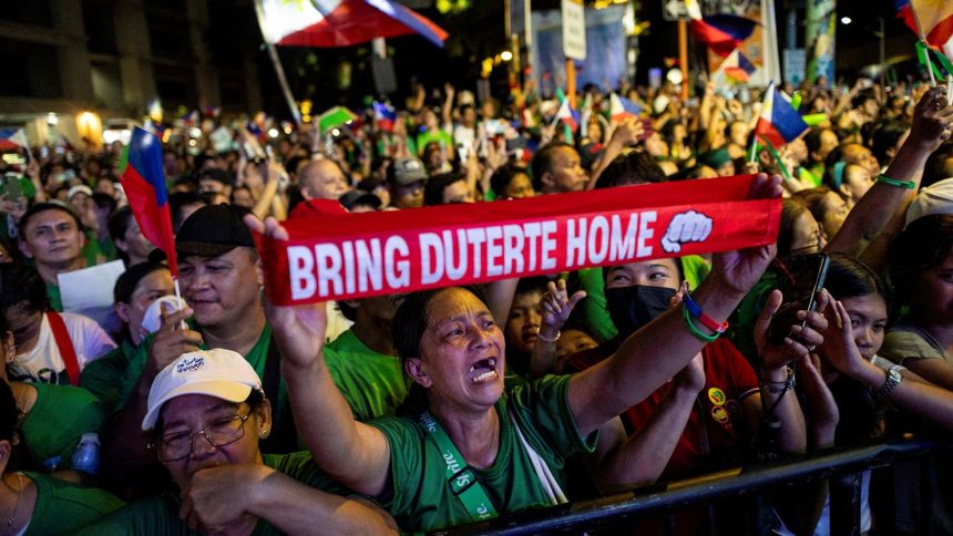 Supporters of the arrested former Philippine President Rodrigo Duterte chant his name during a solidarity rally on his birthday in Davao City, Philippines on March 28, 2025.