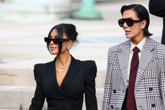 Kim Kardashian, accompanied by Kris Jenner, leaves the courthouse of the trial of 10 people accused of stealing millions of dollars worth of jewellery from her, in Paris, France, on May 13, 2025.