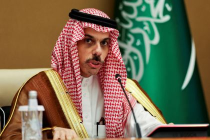 Saudi Foreign Minister Prince Faisal bin Farhan Al Saud speaks during a press conference in Riyadh on May 14.