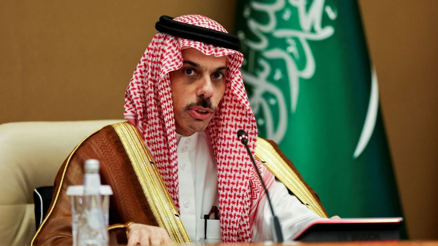 Saudi Foreign Minister Prince Faisal bin Farhan Al Saud speaks during a press conference in Riyadh on May 14.