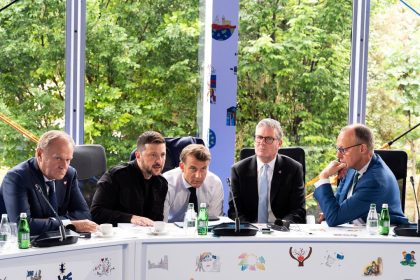 Ukraine's President Volodymyr Zelenskiy, Britain's Prime Minister Keir Starmer, France's President Emmanuel Macron, German Chancellor Friedrich Merz and Polish Prime Minister Donald Tusk speak with U.S. President Donald Trump on the phone during the European Political Community Summit inTirana, Albania May 16, 2025.    Steffen Kugler/Bundesregierung/Handout via REUTERS      ATTENTION EDITORS - THIS IMAGE HAS BEEN SUPPLIED BY A THIRD PARTY.