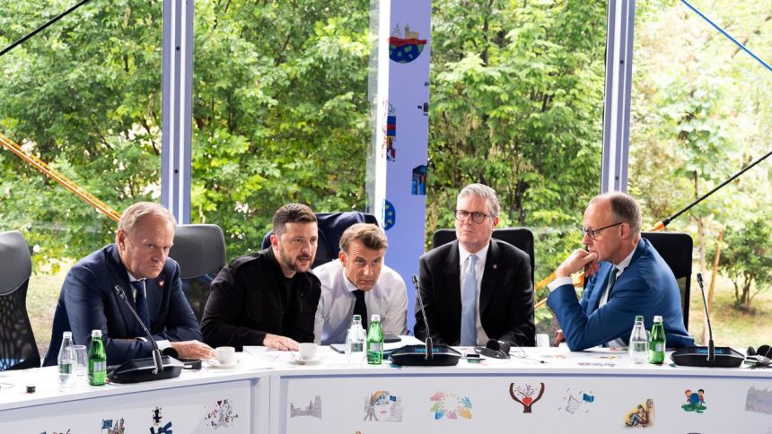 Ukraine's President Volodymyr Zelenskiy, Britain's Prime Minister Keir Starmer, France's President Emmanuel Macron, German Chancellor Friedrich Merz and Polish Prime Minister Donald Tusk speak with U.S. President Donald Trump on the phone during the European Political Community Summit inTirana, Albania May 16, 2025.    Steffen Kugler/Bundesregierung/Handout via REUTERS      ATTENTION EDITORS - THIS IMAGE HAS BEEN SUPPLIED BY A THIRD PARTY.