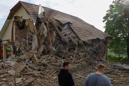 A house outside of Kyiv that was heavily damaged by a Russian drone strike overnight.