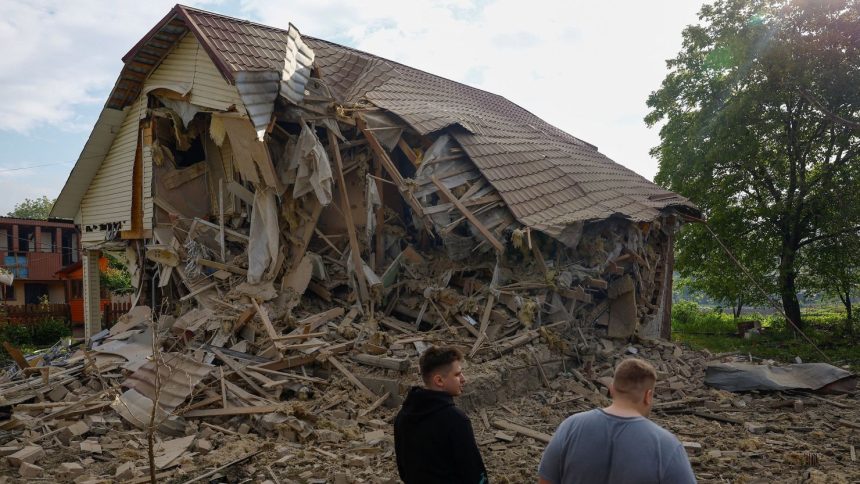 A house outside of Kyiv that was heavily damaged by a Russian drone strike overnight.