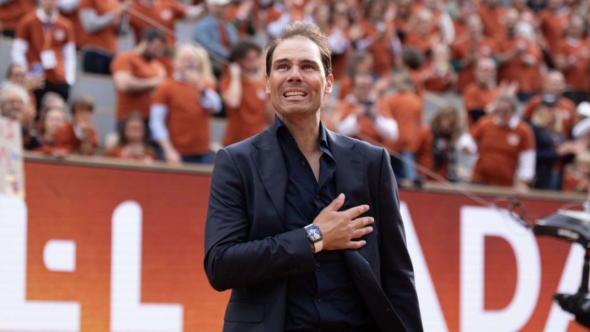 Rafael Nadal on court during the tribute to his career.