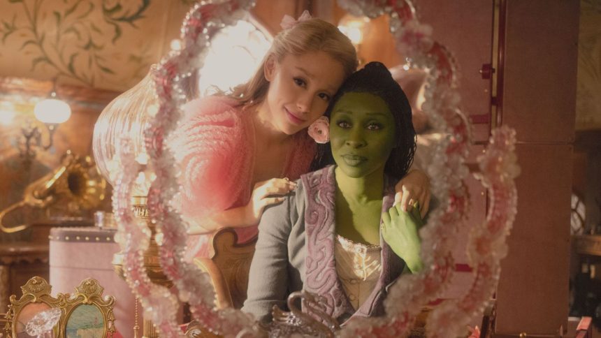 Ariana Grande (left) and Cynthia Erivo (right) in a scene from "Wicked," a 2024 movie shot in the United Kingdom.