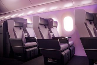 Air New Zealand's redesigned 787-9 Dreamliner: This is what the Premium Economy seats look like on Air New Zealand's newly unveiled retrofitted aircraft.