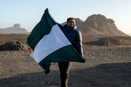 Nigerian travel blogger Alma Asinobi photographed in Antarctica at the start of her world record attempt.