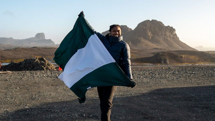 Nigerian travel blogger Alma Asinobi photographed in Antarctica at the start of her world record attempt.