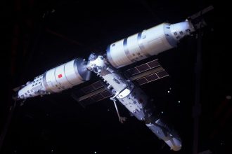 A model of China's Tiangong space station, at the Shanghai Astronomy Museum in Shanghai, China, in 2021.