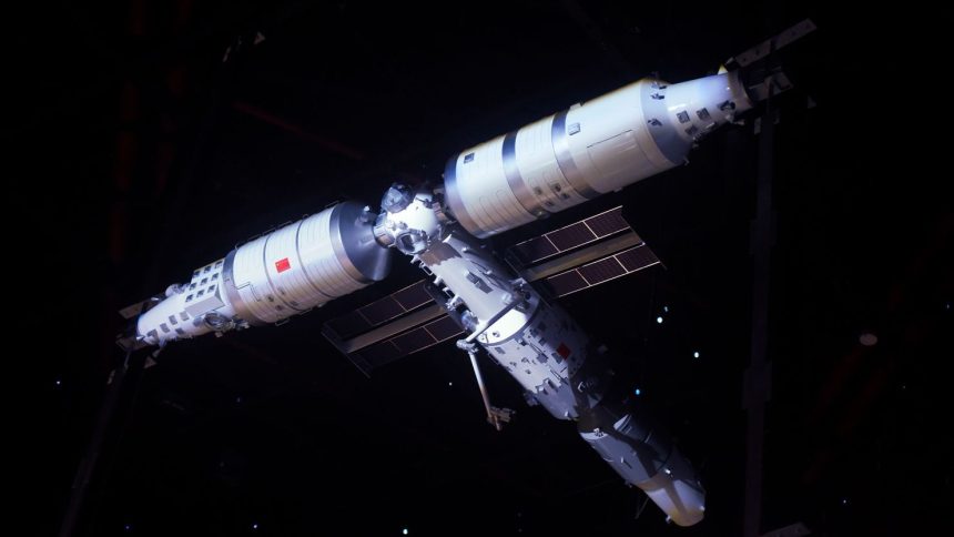 A model of China's Tiangong space station, at the Shanghai Astronomy Museum in Shanghai, China, in 2021.