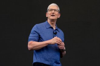 Apple CEO Tim Cook speaks during an announcement of new products on the Apple campus in Cupertino, California, on June 10, 2024.