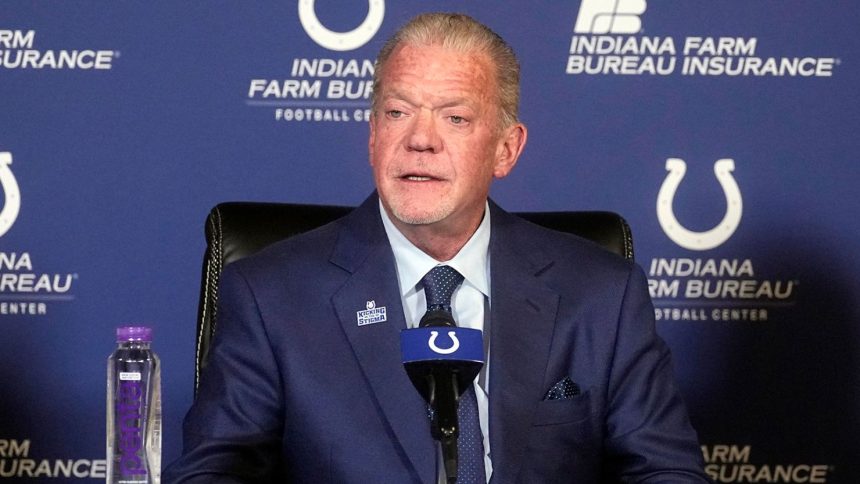 Indianapolis Colts owner Jim Irsay speaks during a news conference in 2022.