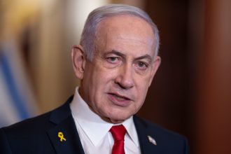 Israeli Prime Minister Benjamin Netanyahu speaks to reporters after meeting with Speaker of the House Mike Johnson, R-La., at the Capitol in Washington, Friday, Feb. 7, 2025.