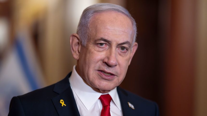Israeli Prime Minister Benjamin Netanyahu speaks to reporters after meeting with Speaker of the House Mike Johnson, R-La., at the Capitol in Washington, Friday, Feb. 7, 2025.