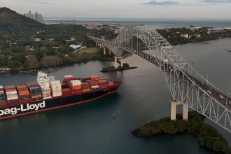 A cargo ship sails under Las Americas bridge through the Panama Canal, in Panama City, on March 13.