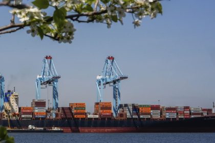 Shipping containers sit on the container ship Alexandra at the Port Newark Container Terminal on April 18 in Newark, NJ.