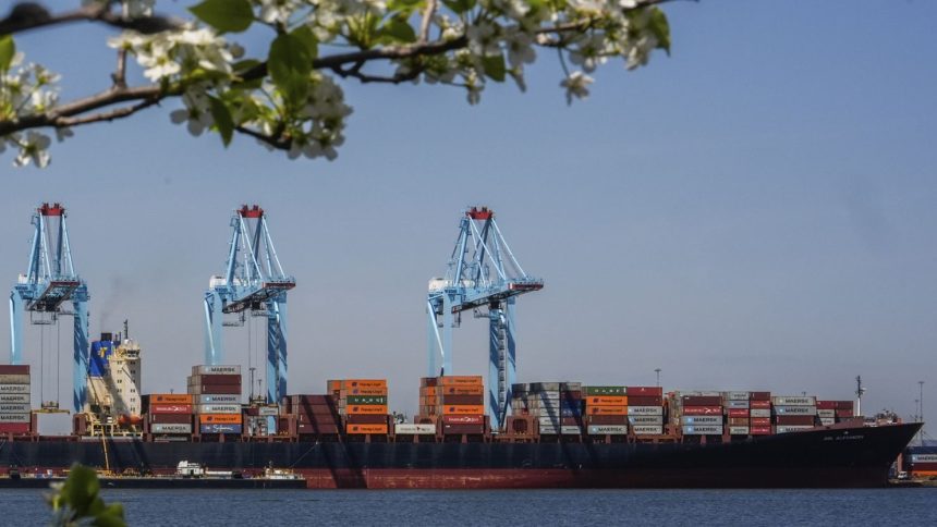 Shipping containers sit on the container ship Alexandra at the Port Newark Container Terminal on April 18 in Newark, NJ.