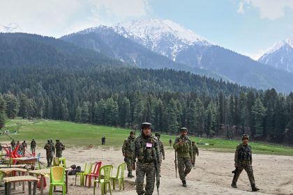 Indian security officers inspect the site in Pahalgam where militants opened fire on tourists in Pahalgam in Indian-controlled Kashmir, on Wednesday, April 23, 2025.