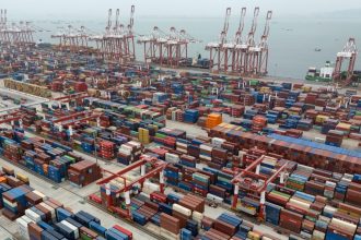 Shipping containers are ready for transport in China's Guangdong province on April 17.