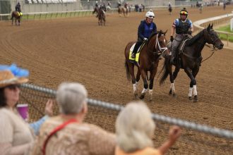 People watch Kentucky Derby entrant Journalism during a workout at Churchill Downs on April 30 in Louisville, Ky.