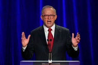 Australian Prime Minister Anthony Albanese speaks after winning a second term as Prime Minister in Sydney, on Saturday, May 3, 2025.
