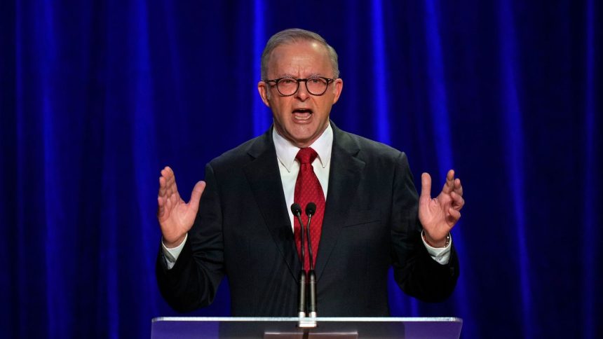 Australian Prime Minister Anthony Albanese speaks after winning a second term as Prime Minister in Sydney, on Saturday, May 3, 2025.