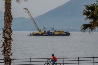 The multi-purpose floating work barge Hebo Lift 2 monitors the stretch of sea off Porticello, where the British superyacht Bayesian sank last August as the operations for its recovery start, on Sunday, May 4, 2025.