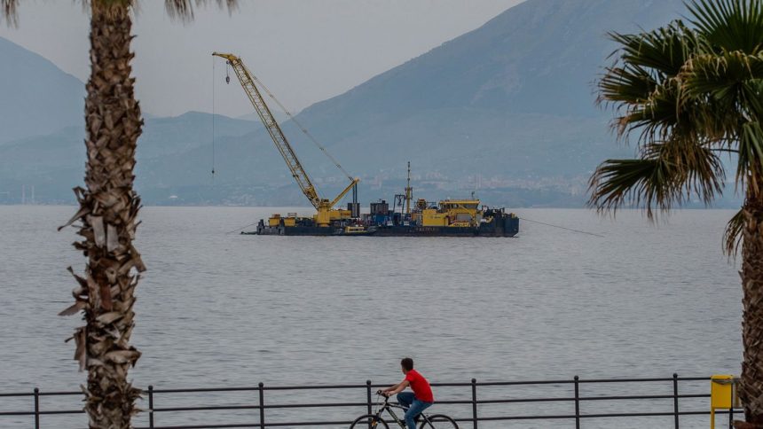The multi-purpose floating work barge Hebo Lift 2 monitors the stretch of sea off Porticello, where the British superyacht Bayesian sank last August as the operations for its recovery start, on Sunday, May 4, 2025.