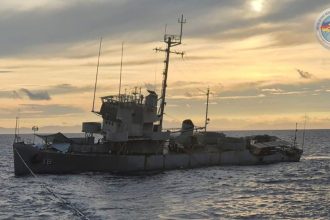 The decommissioned Philippine Navy BRP Miguel Malvar (PS-19) takes on water before sinking during joint US-Philippines military exercises in the Philippines, on Monday, May 5, 2025.