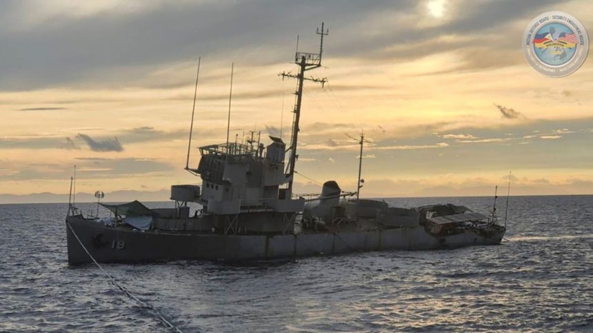 The decommissioned Philippine Navy BRP Miguel Malvar (PS-19) takes on water before sinking during joint US-Philippines military exercises in the Philippines, on Monday, May 5, 2025.