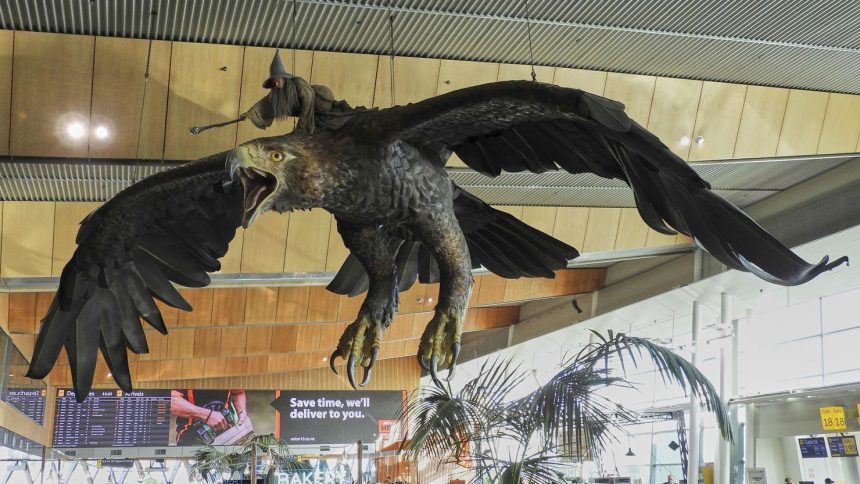 One of the sculptures hangs over the food court area in Wellington Airport, New Zealand.