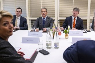 Switzerland's President Karin Keller-Sutter, US Secretary of the Treasury Scott Bessent, US Trade Representative Jamieson Greer and Switzerland's Economy Minister Federal Councillor Guy Parmelin, in Geneva, Switzerland.