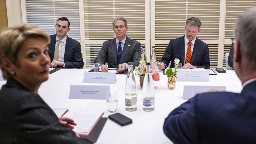 Switzerland's President Karin Keller-Sutter, US Secretary of the Treasury Scott Bessent, US Trade Representative Jamieson Greer and Switzerland's Economy Minister Federal Councillor Guy Parmelin, in Geneva, Switzerland.