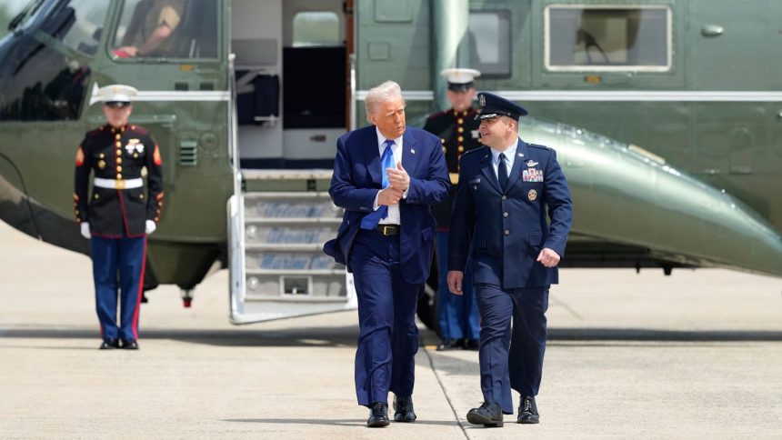 President Donald Trump prepares to board Air Force One on May 12, 2025 at Joint Base Andrews, Maryland, ahead of his trip to the Middle East.