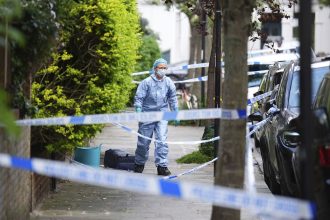 A police cordon is seen in Kentish Town, near British Prime Minister Keir Starmer's house in north London, Monday, May 12, 2025. (James Manning/PA via AP)