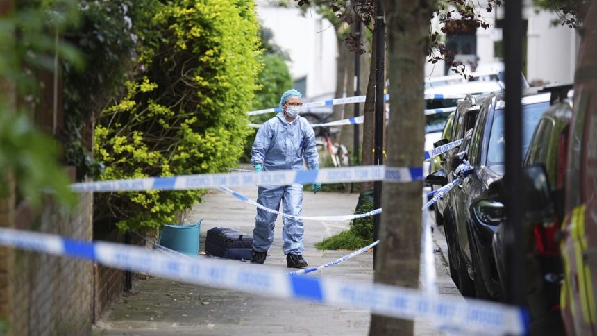 A police cordon is seen in Kentish Town, near British Prime Minister Keir Starmer's house in north London, Monday, May 12, 2025. (James Manning/PA via AP)