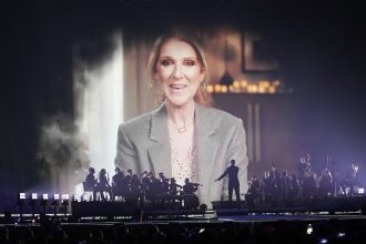 Celine Dion, who won Eurovision for Switzerland in 1988, delivered a pre-recorded video message during the first semi-final of the song contest in Basel on Tuesday. (AP Photo/Martin Meissner)