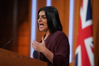 British Justice Secretary Shabana Mahmood speaks in the No. 9 Downing Street Media Briefing Room, in Westminster, London, May 14, 2025.