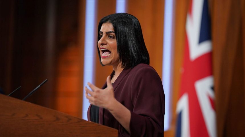 British Justice Secretary Shabana Mahmood speaks in the No. 9 Downing Street Media Briefing Room, in Westminster, London, May 14, 2025.