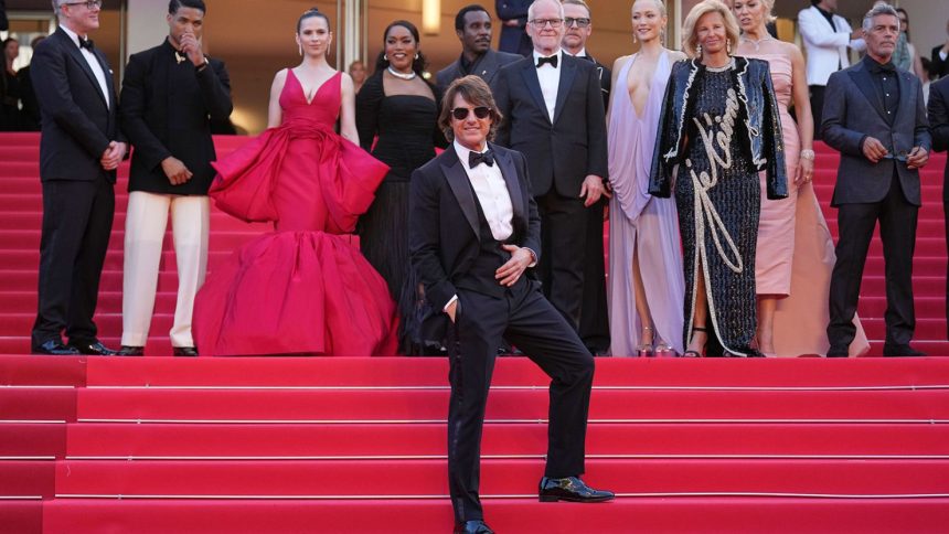 Tom Cruise, front, with other cast members from 'Mission: Impossible - The Final Reckoning' at the Cannes Film Festival on May 14, 2025.