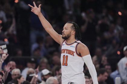 New York Knicks star Jalen Brunson gestures to fans during the series-clinching win against the Boston Celtics earlier this month.