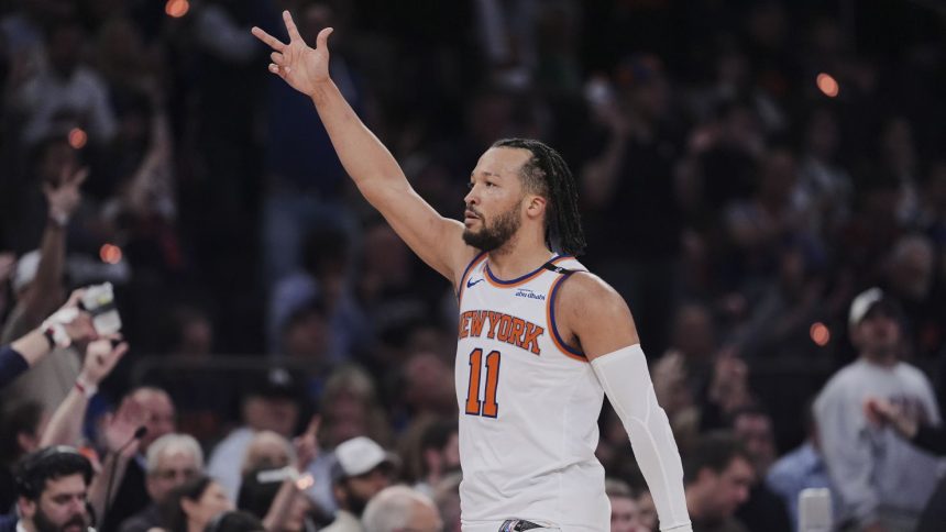 New York Knicks star Jalen Brunson gestures to fans during the series-clinching win against the Boston Celtics earlier this month.