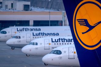 Lufthansa aircrafts are parked at the airport in Frankfurt, Germany, on Thursday, March 7, 2024.