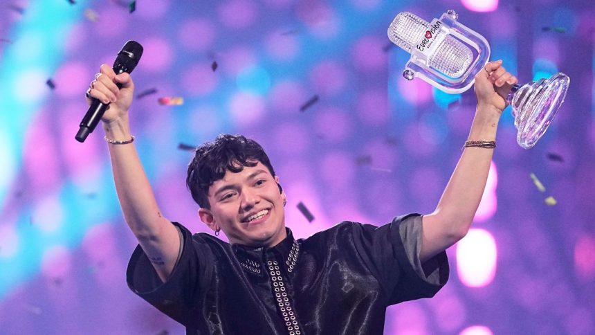 Winner of the Eurovision Song Contest, JJ from Austria, holds up the trophy onstage after winning the 69th Eurovision Song Contest in Basel, Switzerland.